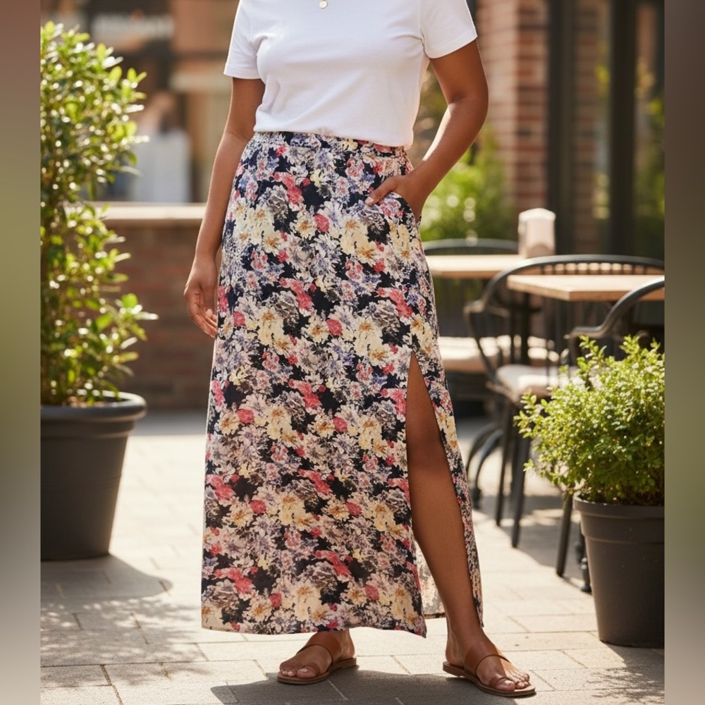 Ina 1X Multicolor Floral Maxi Skirt Double Front Side Slits Plus Size NWOT